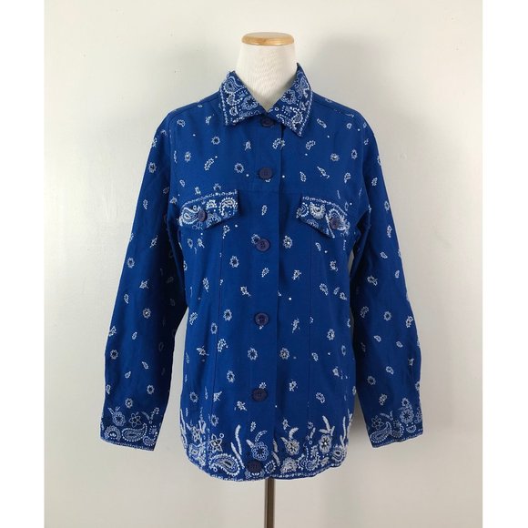 Quacker Factory Jacket Size Medium Blue Handkerchief Print Casual Beading Medium - Picture 1 of 7